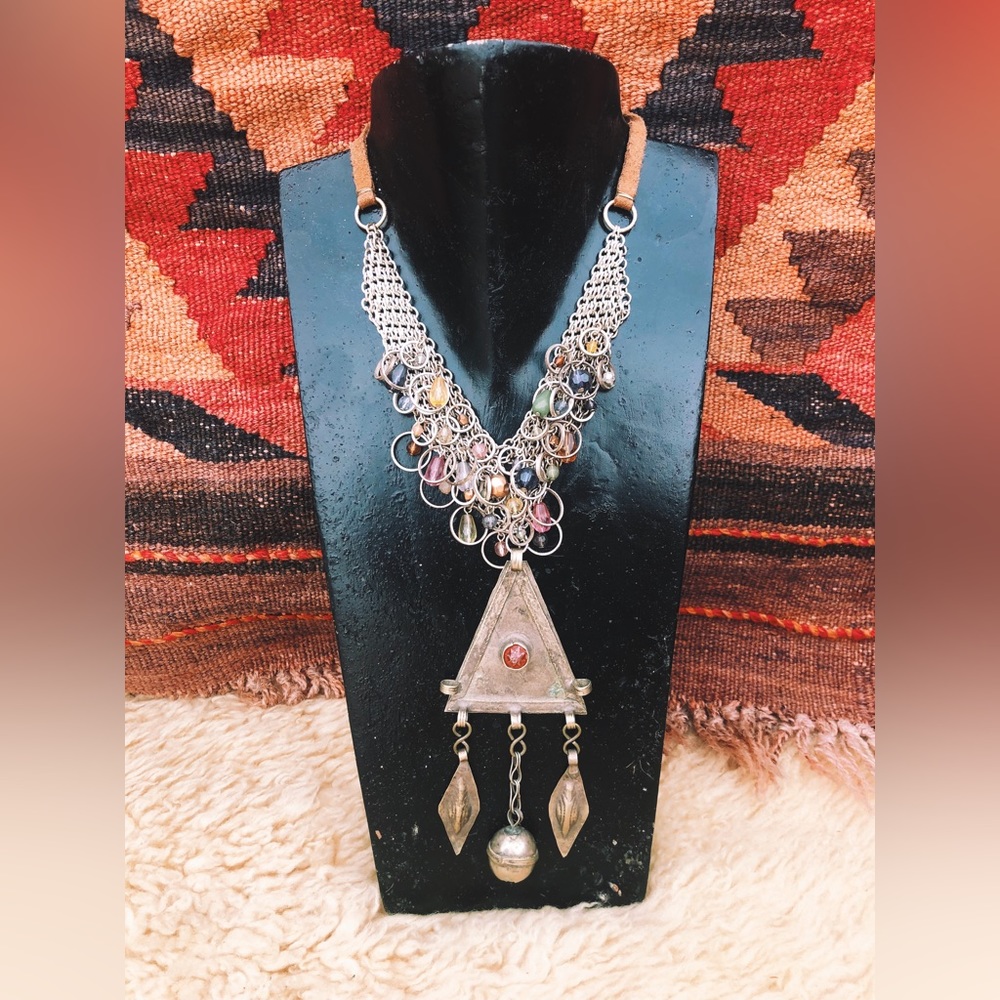 Turkmen Pendant on Beaded Chainmaille Necklace / Vintage Afghan Kuchi Boho